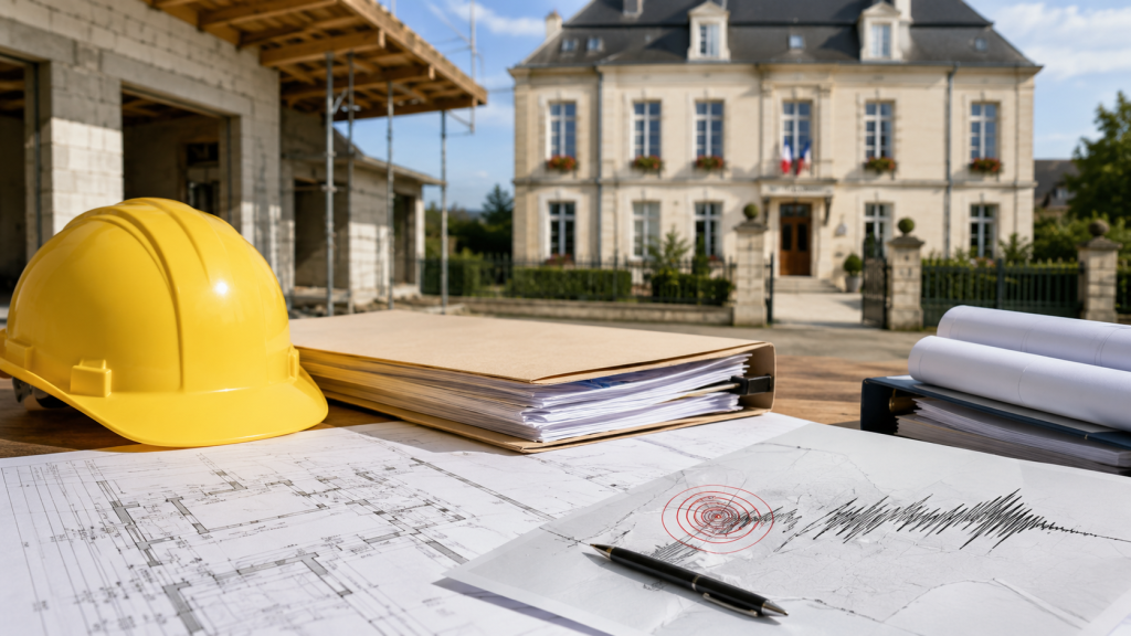 Dossier de permis de construire avec plans, casque de chantier et attestation sismique devant une mairie