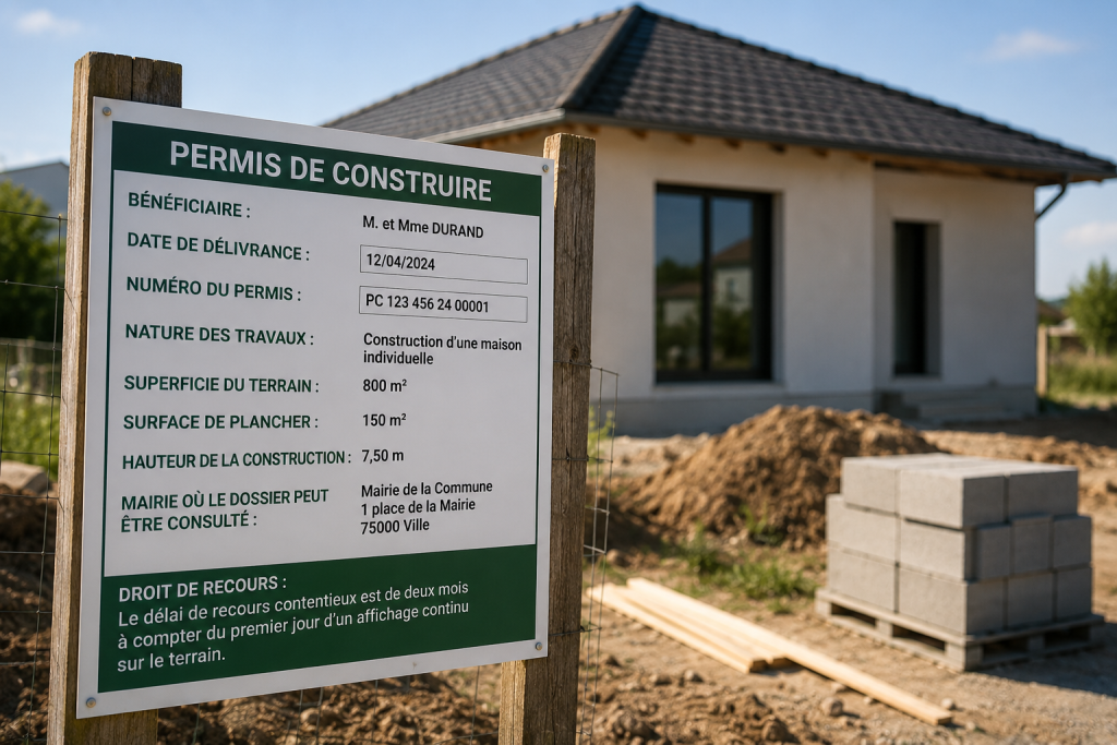 Panneau de permis de construire affiché devant une maison en travaux