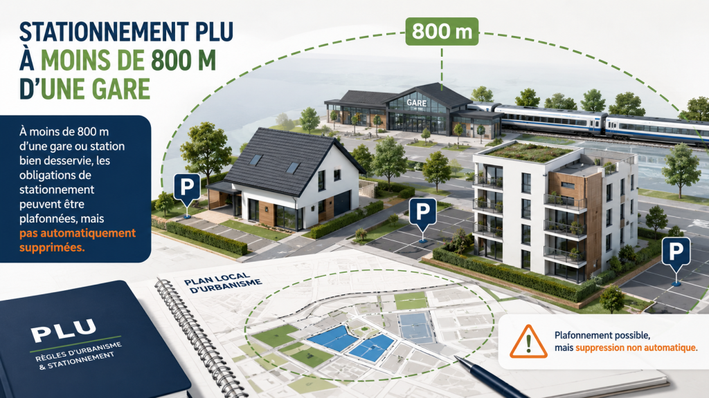 Plan d’urbanisme stylisé avec une maison, une gare et un périmètre de 800 mètres autour d’une station bien desservie.