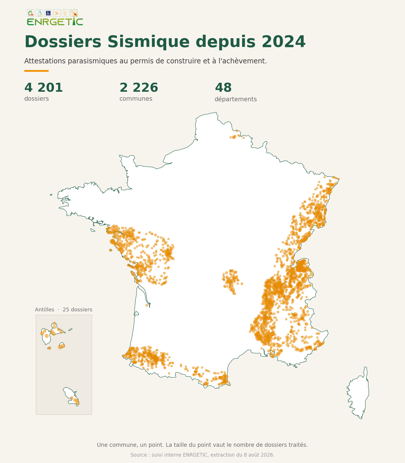 Carte des communes où ENRGETIC a réalisé des attestations parasismiques depuis 2024