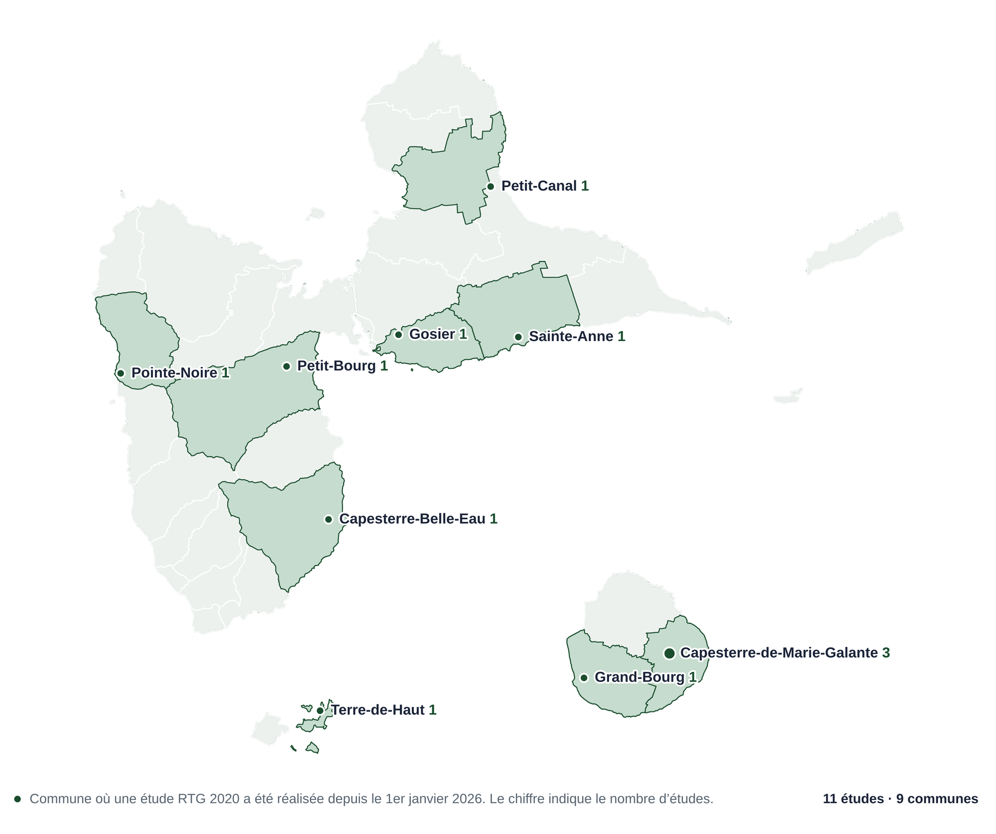Carte des communes de Guadeloupe où ENRGETIC a réalisé une étude RTG 2020 depuis janvier 2026