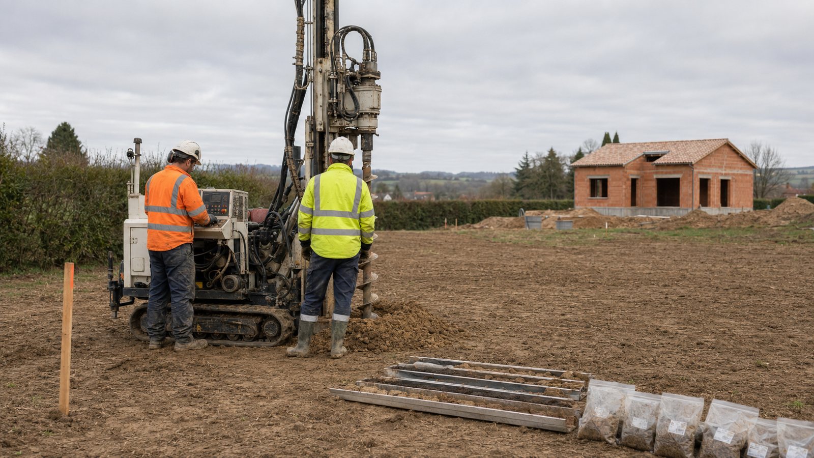 Sondage géotechnique sur un terrain constructible pour une étude de sol G2 avant construction