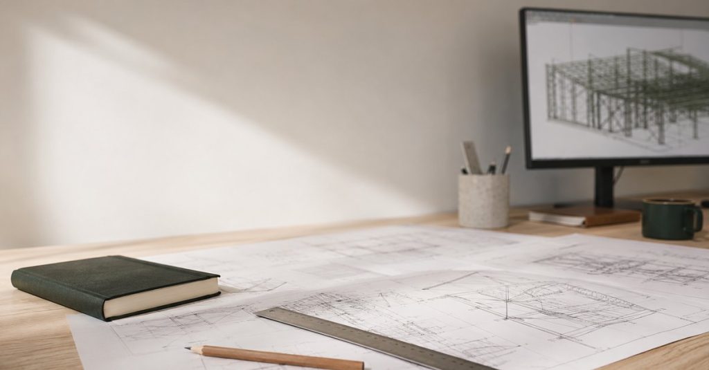 Plans techniques et modele structurel sur le bureau d'un ingenieur, illustrant qui peut etablir une attestation sismique