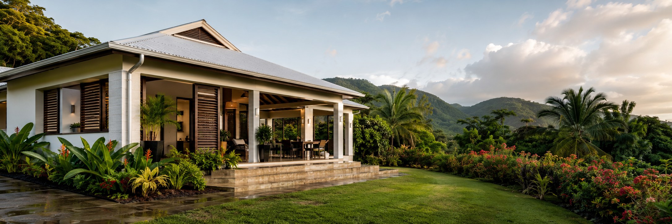 Maison individuelle contemporaine en Guadeloupe, toiture ventilée et protections solaires