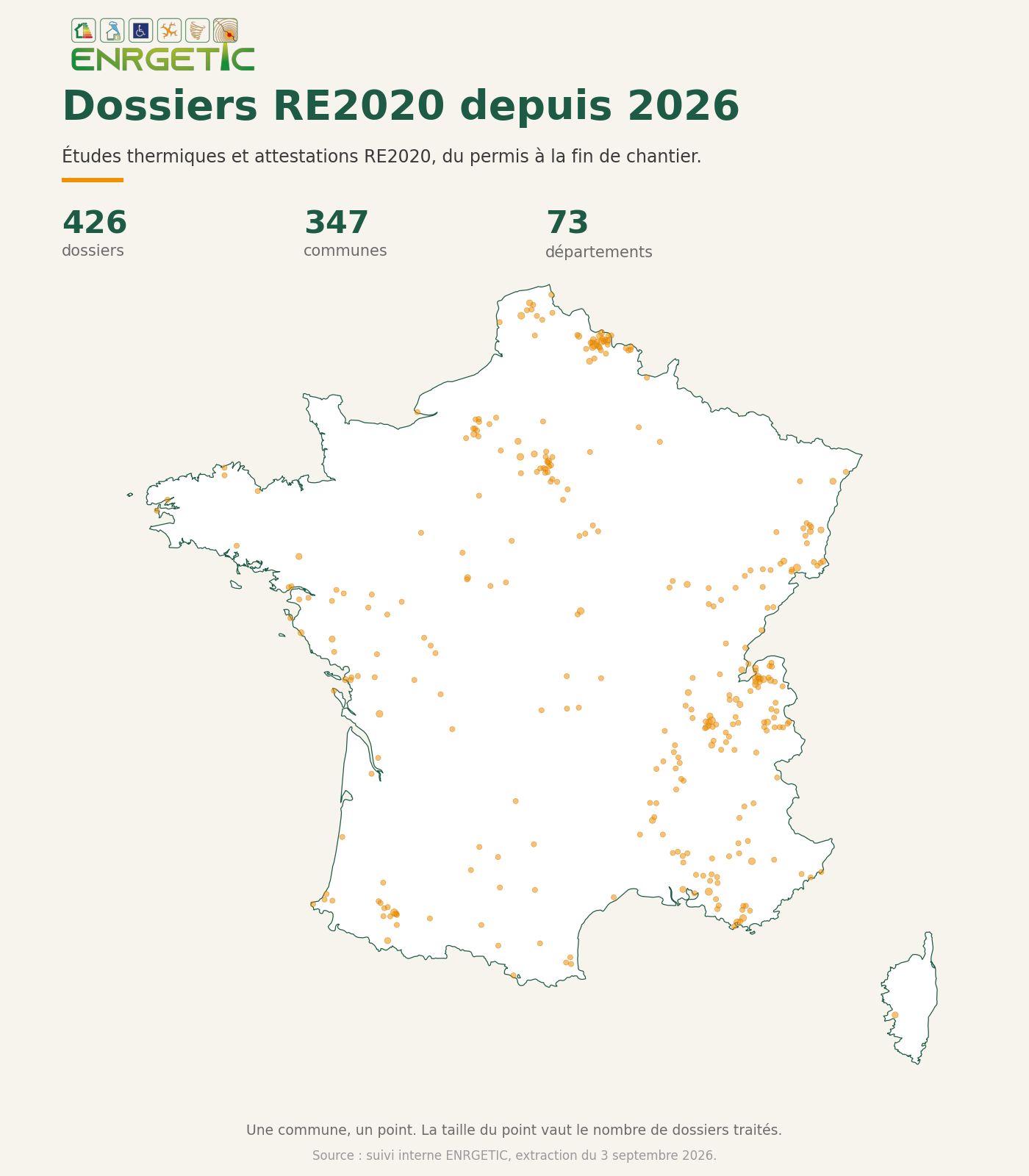 Carte des communes où ENRGETIC a réalisé des études et attestations RE2020 depuis 2026